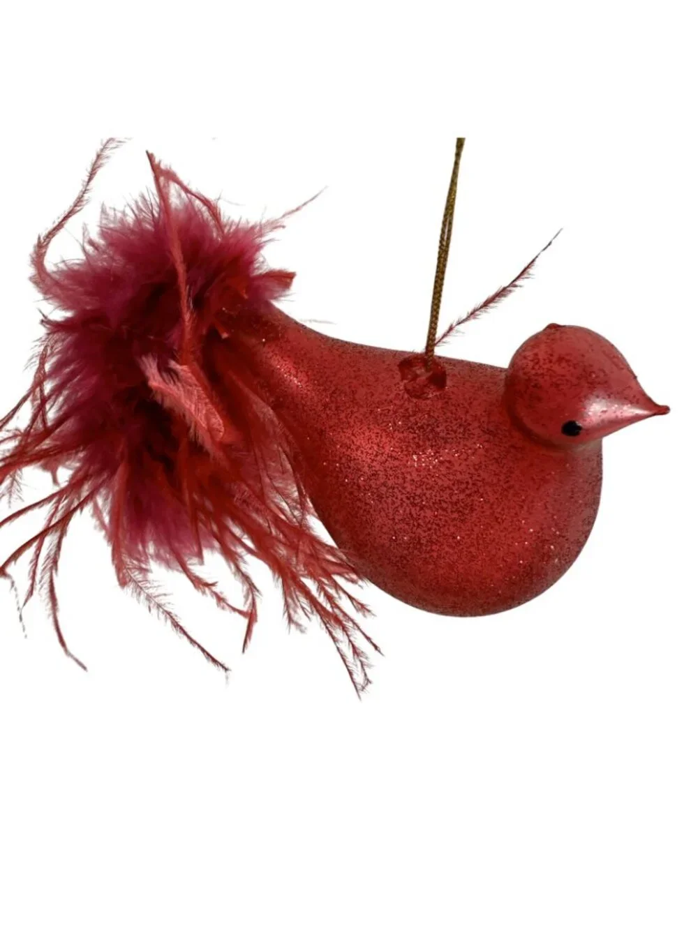 Pier 1 Red Bird Cardinal Glass Glitter Ornament Feathers 6”